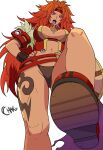  1girl :o armlet artist_name bad_link breasts chakumi_art from_below hands_on_own_hips headband highres jewelry leg_tattoo long_hair medium_breasts navel orange_hair pink_eyes queen&#039;s_blade red_headband red_nails risty_(queen&#039;s_blade) solo tattoo very_long_hair white_background wristband 