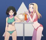  2girls aleksandra_i._pokryshkin bikini black_hair blonde_hair blush brave_witches breasts closed_mouth collarbone drink eyebrows_visible_through_hair green_bikini hairband highres kanno_naoe long_hair looking_at_viewer multiple_girls navel olive_gun_on_a_pigeon open_mouth red_bikini shiny shiny_hair shiny_skin short_hair small_breasts smile swimsuit volleyball world_witches_series 
