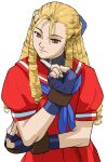  1girl antenna_hair bengus black_undershirt blonde_hair blue_eyes bow brown_eyes finger_to_own_chin game_cg hair_bow hand_on_own_elbow highres kanzuki_karin long_hair looking_at_viewer non-web_source official_art portrait red_sailor_collar red_serafuku ringlets sailor_collar school_uniform serafuku simple_background smile smirk smug solo street_fighter street_fighter_zero_(series) upper_body white_background zipper 