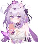  1girl absurdres black_tiara blush breasts castorice_(honkai:_star_rail) closed_mouth commentary_request dress flower flower_ornament hair_flower hair_ornament highres honkai:_star_rail honkai_(series) iga_(millmlml) long_hair looking_at_viewer medium_breasts pointy_ears purple_eyes purple_hair simple_background solo tiara upper_body white_background white_dress 