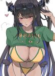  1girl absurdres adjusting_eyewear asymmetrical_horns bikini black_hair blue_hair brazilian_flag brazilian_flag_print brazilian_miku brazilian_miku_(cosplay) breasts cleavage colored_inner_hair cosplay crystal_horns dark-skinned_female dark_skin demon_horns ewn eyewear_on_head flag_print flag_print_bikini green_trim hair_ornament hatsune_miku highres hololive hololive_english horns jewelry large_breasts long_hair looking_at_viewer mole mole_under_eye multicolored_hair navel nerissa_ravencroft print_bikini red_eyes shirt simple_background smile solo sunglasses swimsuit tan tanline_peek tanlines two-tone_hair uneven_horns very_long_hair virtual_youtuber vocaloid white_background yellow_bikini 