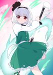  1girl absurdres black_hairband closed_mouth commentary flower green_skirt green_vest grey_hair guminemi hairband highres hitodama hitodama_print holding holding_sheath holding_sword holding_weapon katana konpaku_youmu konpaku_youmu_(ghost) leg_up long_sleeves looking_at_viewer pink_flower red_eyes sheath shirt skirt skirt_set solo sword touhou unsheathing vest weapon white_shirt 