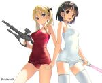  2girls :d bare_arms bare_shoulders black_bow black_hair blonde_hair blue_eyes bow breasts closed_mouth commentary_request covered_navel grey_eyes gun hair_bow hair_ornament hairclip holding holding_gun holding_weapon koutaro looking_at_viewer medium_breasts multiple_girls old_school_swimsuit one-piece_swimsuit original red_swimsuit school_swimsuit simple_background smile swimsuit thighhighs twintails weapon weapon_request white_background white_legwear white_swimsuit 