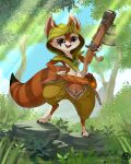  4:5 anthro big_eyes black_tail_tip blush breasts crossbow detailed_background digital_media_(artwork) dirtyrenamon eye_makeup fangs featureless_breasts female forest front_view hi_res hood hoodwink_(dota) kokoni leaf_clothing looking_at_viewer mammal markings midriff navel open_mouth outside plant ranged_weapon rodent sciurid semi-anthro shaded short small_breasts solo striped_markings striped_tail stripes tail_markings tree tree_squirrel video_games weapon wide_hips 