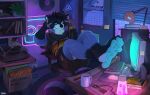 absurd_res anthro barefoot black_body black_fur black_hair black_nose blue_body blue_fur calendar clothed clothing computer_mouse crt feet fur grey_eyes grin hair hi_res inside keyboard lamp lava_lamp male mammal messy_hair narrowed_eyes neon_lights pache_riggs procyonid raccoon reclining smile solo vinyl_record white_body white_fur window