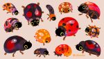  animal animal_focus antennae artist_name beetle bug commentary english_commentary from_above from_side grey_background ladybug larva no_humans original pikaole polka_dot simple_background watermark yellow_eyes 