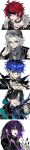  5boys alternate_costume aotsuki_eito backwards_hat binxngchng1 black_collar black_gloves black_hair black_hat black_streaks blue_eyes blue_hair blue_scarf coat collar ear_piercing earrings eye_print eyebrow_piercing eyepatch face_piercing fingerless_gloves fur-trimmed_coat fur_trim glasses gloves grey_hair hat highres jewelry labret_piercing looking_at_viewer male_focus maruko_gaku multicolored_hair multiple_boys multiple_rings name_tag necklace necktie omokage_yugamu one_eye_closed piercing pink_eyes portrait print_eyepatch purple_hair purple_necktie red_eyes red_hair ring scarf short_hair smile spiked_collar spikes streaked_hair sumino_takumi tall_image the_hundred_line_-last_defense_academy- thumbs_down tongue_piercing tsukumo_ima 