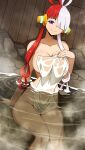  1girl absurdres bathing breasts closed_mouth daydarion fence hair_over_one_eye hair_rings highres large_breasts long_hair multicolored_hair naked_towel one_piece one_piece_film:_red onsen partially_submerged purple_eyes red_hair rock sitting smile solo split-color_hair towel two-tone_hair uta_(one_piece) very_long_hair water wet wet_towel white_hair 