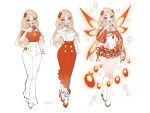  1girl ankle_bow asymmetrical_skirt bare_arms bare_shoulders bead_choker beads blonde_hair boots bow bright_pupils buttons chest_jewel choker commentary crop_top diaspro_(winx_club) earrings english_commentary eyeshadow fairy fairy_wings feather_hair_ornament feathers finger_to_mouth floral_print flower frilled_gloves frilled_skirt frills full_body gem glitter gloves gold_necklace hair_beads hair_flower hair_ornament hairband hand_on_own_hip happy high-waist_pants high-waist_skirt high_heel_boots high_heels highres jewelry knee_boots knees lace-trimmed_shirt lace_pantyhose lace_trim leotard leotard_under_clothes light_blush lipstick long_hair long_skirt magical_girl makeup microskirt necklace off-shoulder_shirt off_shoulder orange_eyeshadow pants pantyhose pearl_necklace red_choker red_eyes red_flower red_gemstone red_lips red_ribbon red_scarf red_shirt red_shoes red_skirt red_wings redesign reference_sheet ribbon scarf shirt shoes short_sleeves side_slit signature simple_background skirt sparkle stiletto_heels studded_choker studded_hairband two-tone_wings variations very_long_hair white_background white_boots white_bow white_gloves white_hairband white_leotard white_pants white_pantyhose white_pupils white_shirt wide_sleeves wikate wings winx_club yellow_wings 