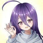  1girl :d ahoge blush brown_eyes commentary_request hair_between_eyes hazuki_saya highres long_hair long_sleeves looking_at_viewer mature_female neet_de_otaku_na_kunoichi_to_naze_ka_dousei_hajimemashita ninja ok_sign open_mouth original purple_hair shirushi smile solo 