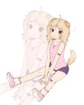  1girl animal_ears bandaid bandaid_on_knee bandaid_on_leg blonde_hair child commission dog_ears dog_girl dog_tail elle_(imaginaryiand) full_body highres long_hair looking_at_viewer original sitting smile tail tank_top white_background zoom_layer 