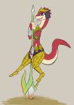 2023 4_fingers anthro arm_wraps armlet armor bedroom_eyes bent_arm bent_leg biped blue_eyes breasts clothed clothed_anthro clothed_female clothing cracks dancing digital_media_(artwork) digitigrade drauk ear_piercing ear_ring egyptian egyptian_clothing egyptian_headdress ever_oasis eye_markings eyelashes female female_anthro fingers flat_colors full-length_portrait fully_clothed fully_clothed_anthro fully_clothed_female glistening glistening_eyes headgear headwear hi_res holding_melee_weapon holding_object holding_polearm holding_spear holding_weapon legwear lizardanon long_neck looking_at_viewer markings melee_weapon midriff miura narrowed_eyes nemes_(clothing) nintendo non-mammal_breasts open_mouth open_smile piercing pink_tongue pole pole_dancing polearm portrait pupils red_body red_skin red_tail ring_piercing scalie seductive shirt side_view simple_background small_breasts smile solo spear standing standing_on_object tail tan_background tan_body tan_skin tan_tail tank_top tapering_tail thick_tail tongue tongue_out topwear two_tone_tail usekh waist_accessory weapon weapon_on_ground white_sclera wraps