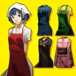 1girl absurdres alternate_costume apron arms_behind_back black_sailor_collar black_skirt blue_hair blue_jacket blue_pants brown_eyes collared_shirt commentary commission english_commentary green_apron headdress highres jacket japanese_clothes kimono long_sleeves nakamura_aika neckerchief obi official_alternate_costume pants persona persona_4 persona_4_the_animation pink_kimono pleated_skirt red_apron sailor_collar sash school_uniform shirt short_hair short_sleeves simple_background skirt soejima_shigenori_(style) solo track_jacket wanderstillart white_shirt yasogami_school_uniform yellow_background yellow_neckerchief yellow_shirt 
