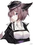 1girl 343_(sakananono) animal_ears arknights artist_name black_headwear black_jacket breasts collared_shirt cropped_torso dur-nar_(arknights) eyebrows_visible_through_hair flower fox_ears fox_girl fox_tail hair_flower hair_ornament hat jacket medium_breasts open_clothes open_jacket purple_eyes purple_hair shirt short_hair simple_background smile solo tail upper_body white_background white_shirt 