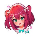  1girl blush bow bowtie candy food green_eyes hair_ornament hairclip head_tilt highres kurosawa_ruby lollipop looking_at_viewer love_live! love_live!_sunshine!! maid_headdress open_mouth pink_hair red_hair rochie short_twintails simple_background smile solo twintails upper_body uwu white_background 