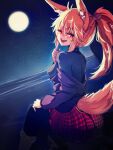  1girl absurdres animal_ears at2. black_legwear blonde_hair blush borrowed_character breasts eyebrows_visible_through_hair fangs from_behind full_moon highres index_finger_raised long_hair looking_at_viewer medium_breasts moon night open_mouth original outdoors pantyhose ponytail red_eyes smile solo tail teeth wolf_ears wolf_girl wolf_tail 