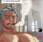  1boy bara brown_eyes cigarette cover_them_up_slut_(meme) cross_scar facial_hair grey_hair large_pectorals looking_at_viewer male_focus meme muscular muscular_male nipples one_piece pectoral_focus pectorals scar scar_on_chest scar_on_face short_hair smoker_(one_piece) smoking smokussy solo stubble teeth upper_body 