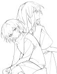  2girls back-to-back bang_dream! bang_dream!_it&#039;s_mygo!!!!! greyscale hair_between_eyes hibioes highres lineart long_sleeves medium_hair misumi_uika monochrome multiple_girls shirt short_hair short_sleeves simple_background takamatsu_tomori white_background 