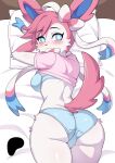 absurd_res accessory anthro bed bedding blue_bra blue_clothing blue_eyes blue_panties blue_underwear blush bottomwear bow_ribbon bra breasts butt clothed clothing eeveelution female fur furniture generation_6_pokemon hair hair_accessory hair_bow hair_bow_(anatomy) hair_ribbon hi_res looking_at_viewer looking_back lying lying_on_bed muffin_(muffyteru) muffyteru nintendo on_bed on_front panties patreon patreon_logo pillow pink_clothing pink_ears pink_forearm pink_hair pink_shirt pink_tail pink_topwear pokemon pokemon_(species) presenting presenting_hindquarters raised_clothing raised_shirt raised_topwear rear_view ribbons ribbons_(anatomy) shirt solo sylveon tail topwear underwear white_body white_fur