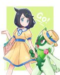  1girl bag black_hair blue_eyes border closed_mouth commentary_request cowlick dress floragato green_background green_bag hair_ornament hairclip hand_up hat highres holding_another&#039;s_arm light_blush liko_(pokemon) looking_down medium_hair outside_border pink_bag pokemon pokemon_(anime) pokemon_(creature) pokemon_horizons shopping_bag short_sleeves smile swept_bangs white_border yellow_dress yellow_hat yibuzhai 