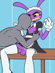 ambiguous_gender balls blush bodily_fluids chest_lick chest_tuft clothed clothing crossdressing erection fourssss fur genitals glitch_productions hi_res humanoid jax_(tadc) lagomorph legwear leporid maid_apron maid_headdress maid_uniform male male/ambiguous mammal penis purple_body purple_fur rabbit sweat sweatdrop the_amazing_digital_circus thigh_highs tuft uniform