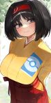  1girl black_hair blush breasts erika_(pokemon) grey_eyes hairband hakama hakama_skirt highres japanese_clothes kashu_(hizake) kimono large_breasts long_sleeves looking_at_viewer obi pokemon pokemon_frlg red_hairband red_hakama sash short_hair skirt smile solo yellow_kimono 