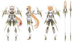  1girl absurdres anen_routia armor arms_at_sides blonde_hair bodysuit boots breasts from_behind full_body headgear high_heels highres indie_virtual_youtuber lance large_breasts long_hair looking_at_viewer mecha_musume mechanical_wings multiple_views mytea_(soso) orange_hair polearm ponytail profile reference_sheet simple_background spear standing turnaround variations very_long_hair virtual_youtuber weapon white_background wings 