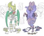 2022 after_transformation anthro back_spikes belt blonde_hair blue_sclera blush bodily_fluids brown_body brown_fur chest_spike clothing crying dialogue duo embarrassed floppy_ears fur gallade hair human japanese_text jewelry lagomorph lop_ears lopunny male mammal melli_(pokemon) necklace nintendo pok&eacute;mon pok&eacute;mon_(species) pokemon_legends_arceus purple_body purple_fur ring_(jewelry) speech_bubble spikes spikes_(anatomy) sugata1616 sweat sweatdrop tears text thick_thighs torn_clothing transformation utility_belt video_games volo_(pokemon) white_body white_skin wide_eyed wide_hips 