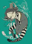 1boy afterimage black_choker black_hair black_shoes cevio choker cross cross_necklace demon_boy evil_smile forehead goat_horns green_background haikokyuu head_tilt highres horns jacket jewelry looking_at_viewer medium_hair necklace quixote_(cevio) sharp_teeth shoes smile striped_clothes striped_thighhighs teeth thighhighs 