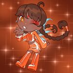  1girl ahoge blue_wings boots braid bright_pupils brown_eyes brown_hair chibi commentary commission cropped_shirt dark-skinned_female dark_skin english_commentary eyeshadow facial_mark fairy_wings floating_hair forehead_mark glitter hair_tubes happy highres lipstick long_sleeves looking_at_viewer low_twin_braids makeup midriff miniskirt one_eye_closed open_mouth orange_background orange_boots orange_shirt orange_skirt original pencil_skirt red_eyeshadow red_lips shirt skirt skirt_set sleeves_past_wrists smile solo sparkle standing teeth thigh_boots transparent_wings twin_braids very_dark_skin white_pupils wikate wings winx_club 