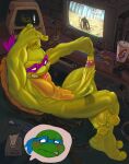 2_toes 3_fingers anthro blush blush_lines bodily_fluids condom_balloon digital_media_(artwork) donatello_(tmnt) electronics feet fingers foot_focus foreskin foreskin_play foreskin_pull gaming genitals grand_theft_auto grand_theft_auto:_san_andreas hi_res leonardo_(tmnt) lying male male/male mask on_back penis plachinta reptile rockstar_games scalie shell smile soles sweat sweatdrop teenage_mutant_ninja_turtles teeth toes tongue tongue_out turtle vein veiny_penis