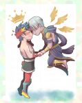  2boys astraea_f barefoot black_hair blush closed_eyes crown floating forehead-to-forehead from_side gorget greek_clothes hades_(game) heads_together laurel_crown male_focus multiple_boys silver_hair single_bare_shoulder smile thanatos_(hades) watermark wings yaoi zagreus_(hades) 