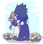  105zz 1boy 1girl aerith_gainsborough armor bangle black_boots black_gloves black_hair blue_sky boots bracelet braid braided_ponytail brown_boots closed_eyes cloud cloudy_sky commentary_request final_fantasy final_fantasy_vii final_fantasy_vii_remake flower full_body gloves hair_ribbon height_difference hug jacket jewelry open_clothes open_jacket parted_bangs pink_ribbon pink_sweater ponytail red_jacket ribbed_sweater ribbon shoulder_armor sky sleeveless sleeveless_turtleneck spiked_hair standing sweater tears turtleneck turtleneck_sweater yellow_flower zack_fair 