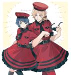  2boys angelic_pretty artist_name bishounen crossdressing dress gundam hat height_difference highres kamille_bidan locked_arms military_lolita multiple_boys quattro_bajeena red_dress red_hat unworn_eyewear xing_20 zeta_gundam 