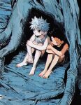  2boys barefoot black_hair black_tank_top child gon_freecss highres hunter_x_hunter in_tree killua_zoldyck male_focus messy_hair multiple_boys nature outdoors plant shorts sitting sitting_in_tree sleeveless spiked_hair tank_top torohiko tree white_hair white_tank_top 