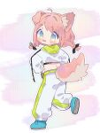  1girl ahoge animal_ear_fluff animal_ears blue_eyes blue_shoes blush blush_stickers bow braid chibi crop_top cropped_jacket dog_ears dog_girl dog_tail from_behind full_body green_eyes hair_bow hands_on_own_hips highres hood hood_down jacket long_sleeves looking_at_viewer looking_back mamehinata midriff multicolored_eyes notamaru_2 open_mouth pants pink_hair puffy_long_sleeves puffy_sleeves shoe_soles shoes smile solo standing standing_on_one_leg tail twin_braids twintails vrchat white_jacket white_pants 