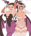  2girls absurdres animal_ear_fluff animal_ear_hairband animal_ears animal_hands animal_print areola_slip arm_behind_back arm_behind_head arm_strap arm_support armpits bare_shoulders bat_print bat_wings bikini bikini_bottom_only black_hair black_leotard blush body_fur breasts bridal_gauntlets brown_eyes capcom cat_ear_hairband cat_ears cat_girl cat_paws cat_tail choker cleavage closed_mouth clothing_cutout collarbone commentary company_connection cosplay darkstalkers demon_girl elbow_gloves embarrassed english_commentary fake_animal_ears felicia_(darkstalkers) felicia_(darkstalkers)_(cosplay) fur-trimmed_leotard fur_bikini fur_gloves fur_thigh_strap fur_thighhighs fur_trim gloves greencash hairband head_wings heart_cutout high_ponytail highleg highleg_leotard highres hourglass ibuki_(street_fighter) leotard long_hair looking_at_another looking_at_viewer looking_to_the_side low_wings makoto_(street_fighter) medium_breasts morrigan_aensland morrigan_aensland_(cosplay) multiple_girls navel off-shoulder_leotard open_mouth pantyhose paw_gloves pawpads ponytail print_pantyhose purple_pantyhose raised_eyebrows short_hair signature simple_background smile standing strapless strapless_leotard street_fighter swimsuit tail thick_thighs thigh_strap thighhighs thighs twitter_logo twitter_username v very_long_hair white_background white_bikini white_choker white_fur white_hairband white_tail white_thighhighs wide_hips wings 