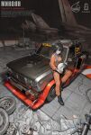  1girl absurdres aircraft airplane black_hair boots cable car chise_huixing_denixi english_text fighter_jet helmet highres holding holding_helmet jumpsuit lada_(car) lada_riva license_plate looking_at_viewer mig-23 military_vehicle motor_vehicle orange_jumpsuit original outdoors pilot_helmet race_vehicle racecar radio_antenna science_fiction short_hair sitting solo sports_car vehicle_focus wheel 
