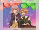  1boy 1girl :d bangs brown_hair brown_skirt collared_shirt cowboy_shot danganronpa:_trigger_happy_havoc danganronpa_(series) danganronpa_2:_goodbye_despair dated dress_shirt flipped_hair fujisaki_chihiro galaga gradient gradient_background green_eyes green_ribbon hair_ornament hand_up happy_birthday holding jacket looking_at_viewer medium_hair nanami_chiaki neck_ribbon otoko_no_ko pink_ribbon ribbon shirt shirt_tucked_in short_hair skirt smile teeth upper_teeth white_shirt yoda_(yoooooda_2000) 