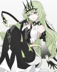  1girl absurdres asymmetrical_gloves black_gloves black_tiara breasts dress earrings elbow_gloves gloves green_hair grey_dress highres honkai_(series) honkai_impact_3rd jewelry long_hair mobius_(honkai_impact) parted_lips revealing_clothes simple_background slit_pupils small_breasts solo spikes tiara torein_(and_rain3) twitter_username uneven_gloves very_long_hair white_background 
