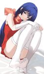  1girl absurdres alternate_costume armpit_crease bed_sheet blue_hair blush caeda_(fire_emblem) closed_mouth commission convenient_leg dress dutch_angle feet fire_emblem full_body gloves grey_eyes hair_intakes highres knees_up kyoichi long_hair looking_at_viewer no_shoes orange_dress short_dress simple_background skeb_commission sleeveless sleeveless_dress soles solo thighhighs thighs toes very_long_hair white_background white_gloves white_thighhighs 