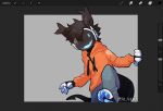  2021 4_fingers 4_toes anthro biped black_body black_fur blue_eyes blue_pawpads clothed clothing feet fingers fish fur hi_res hoodie hybrid looking_at_viewer machine male marine moose_(sh-4rk) orange_clothing pawpads procreate protogen sh-4rk shark solo toes topwear 