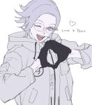  1boy :d adc_mt aotsuki_eito black_gloves catchphrase flat_color glasses gloves grey_eyes grey_hair heart heart_hands highres jacket looking_at_viewer male_focus one_eye_closed short_hair simple_background smile solo teeth the_hundred_line_-last_defense_academy- upper_body upper_teeth_only white_jacket 