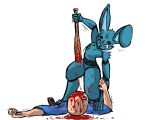5:4 ambiguous_gender animatronic anthro bat_(object) blood blood_on_face blood_on_weapon blue_body blue_fur bluescreened bodily_fluids crazy_eyes digital_media_(artwork) duo dying eyebrows eyelashes five_nights_at_freddy&#039;s five_nights_at_freddy&#039;s_2 fur gore green_eyes holding_bat holding_object human imminent_death imminent_impalement insane killing kneeling lagomorph leporid looking_at_another looking_down machine male male_death mammal motion_lines on_one_knee rabbit restrained robot scottgames shaking smile toy_bonnie_(fnaf) trembling weapon