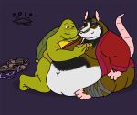  2015 anthro belly big_belly biped blush brown_body duo food green_body male mammal master_splinter morbidly_obese morbidly_obese_male murid murine obese obese_male overweight overweight_male pink_nose rat reptile rockytheprocy rodent scalie sitting teenage_mutant_ninja_turtles turtle 