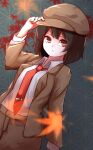  autumn_leaves brown_eyes brown_hair brown_headwear brown_jacket brown_shorts cabbie_hat closed_mouth collared_shirt commentary_request dutch_angle flat_cap hat highres holding holding_clothes holding_hat jacket long_sleeves looking_at_viewer necktie no_wings red_necktie shameimaru_aya shameimaru_aya_(newsboy) shirt short_hair shorts suit_jacket tengu tie_clip touhou white_shirt yusake_san 