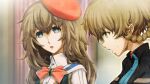  2girls amane_suzuha amane_suzuha_(beta) amane_yuki belt belt_buckle beret black_belt black_jacket blue_eyes blue_jacket blue_stripes blue_track_suit blurry blurry_background bow braid breasts brown_hair buckle chest_bow collared_shirt confused cosplay costume cropped_jacket dress_vest future_gadget_lab game_cg hair_rings hat high_collar highres huke jacket jacket_over_jacket leather leather_jacket long_sleeves medium_breasts mother_and_daughter multiple_girls nervous_sweating non-web_source official_art open_mouth red_bow red_hat ringed_eyes shiny_lips shirt steins;gate steins;gate_0 sweat sweatdrop teeth track_jacket track_suit twin_braids twintails upper_teeth_only yellow_eyes 