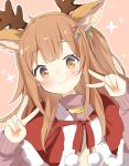  1girl ahoge animal_costume animal_ear_hairband animal_ears antlers brown_eyes brown_hair capelet closed_mouth commentary_request deer_ears double_v fake_animal_ears fake_antlers fur-trimmed_capelet fur_trim hair_ornament hair_scrunchie hairband hairclip hibi_wa_sugiredo_meshi_umashi highres horns ichiyo12 light_blush long_hair long_sleeves looking_at_viewer ogawa_shinon one_side_up outline pink_background reindeer_antlers reindeer_costume scrunchie simple_background smile solo star_(symbol) upper_body v white_outline 