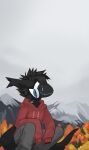  2020 absurd_res anthro biped black_body black_fur blue_eyes bottomwear clothed clothing crouching fish fur hi_res hoodie hybrid machine male marine moose_(sh-4rk) mountain outside protogen red_clothing red_hoodie red_topwear sh-4rk shark sky solo topwear visor 