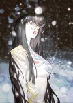  1girl absurdres black_hair blood blood_on_face blue_eyes blurry blurry_background blurry_foreground breasts epaulettes frown highres junketsu kill_la_kill li_2_cun long_hair looking_at_viewer medium_breasts outdoors school_uniform snow solo very_long_hair 